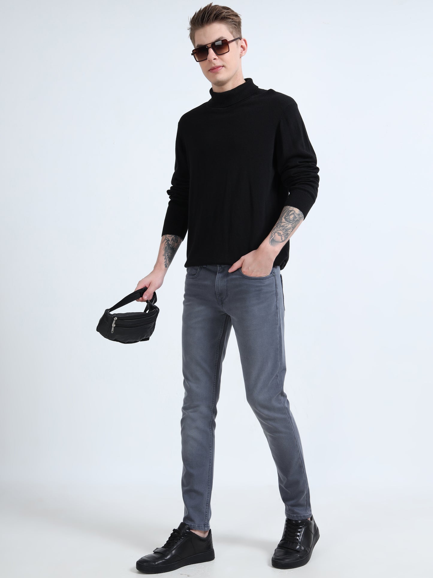 Men Stone Grey Ankle Fit Jeans