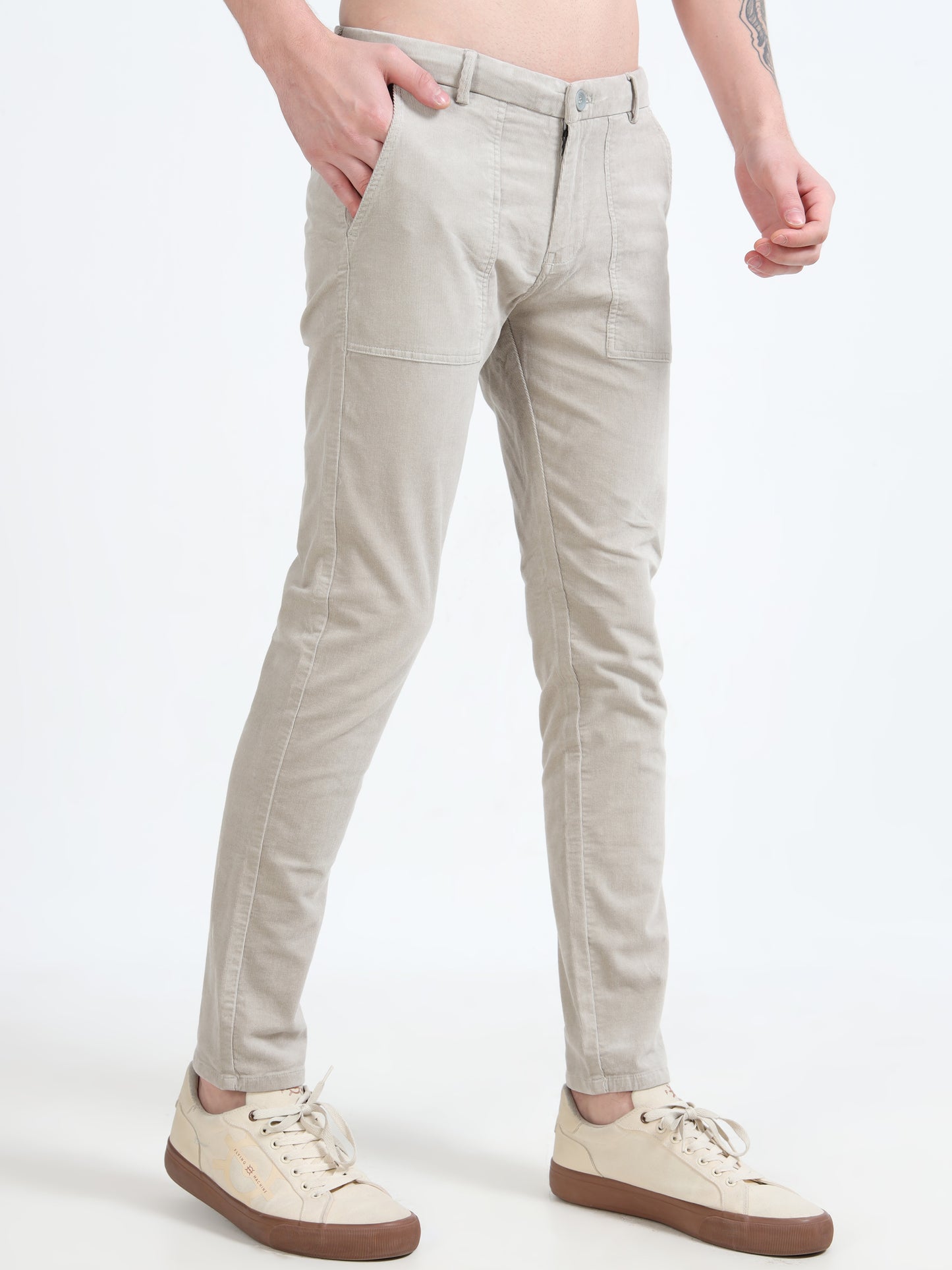 Men Beige Printed Ankle Fit Casual Trousers