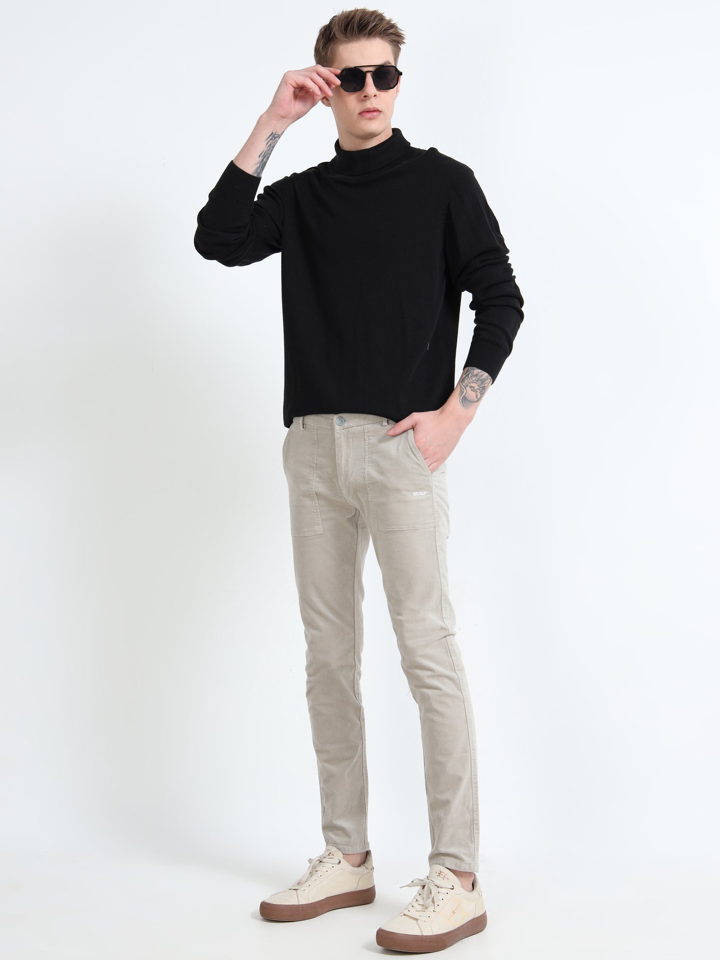 Men Beige Printed Ankle Fit Casual Trousers