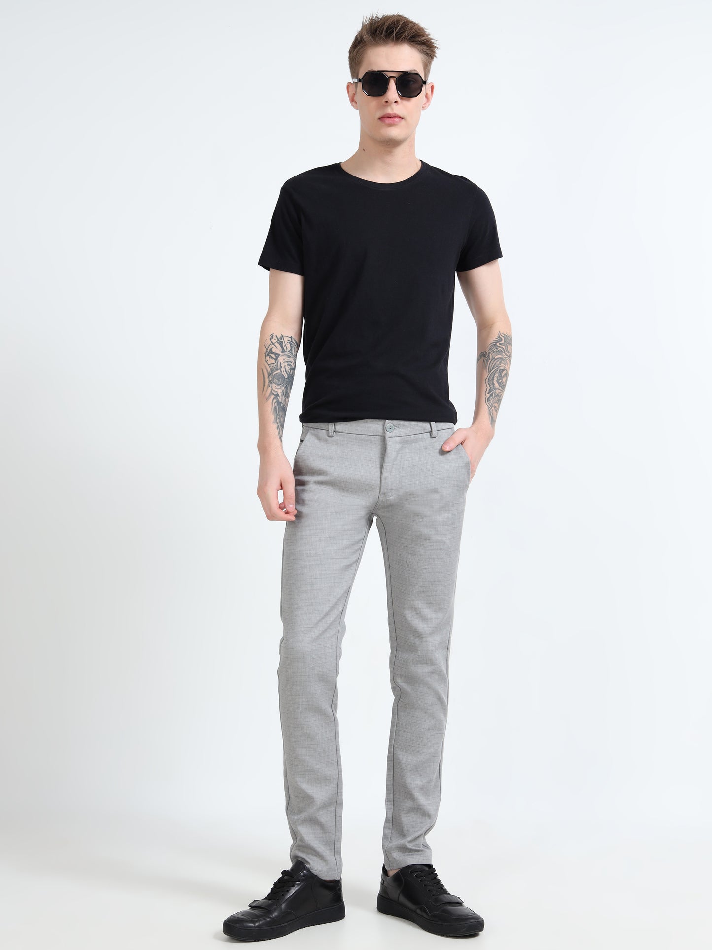 Mens Light Grey Printed Casual Trouser