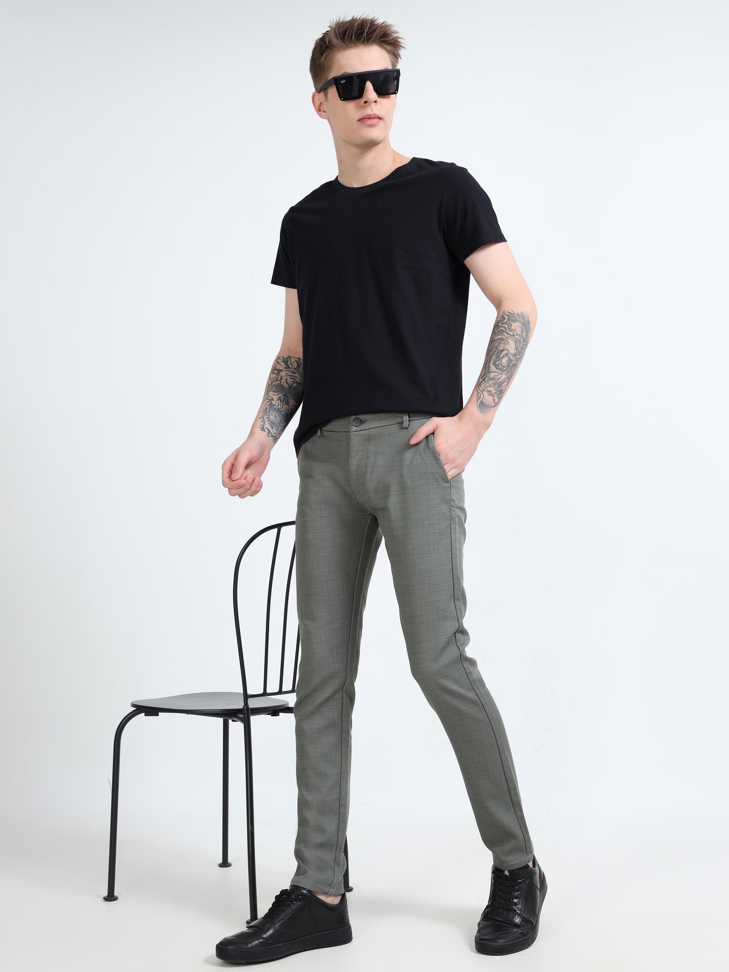 Mens Light Olive Printed Casual Trousers