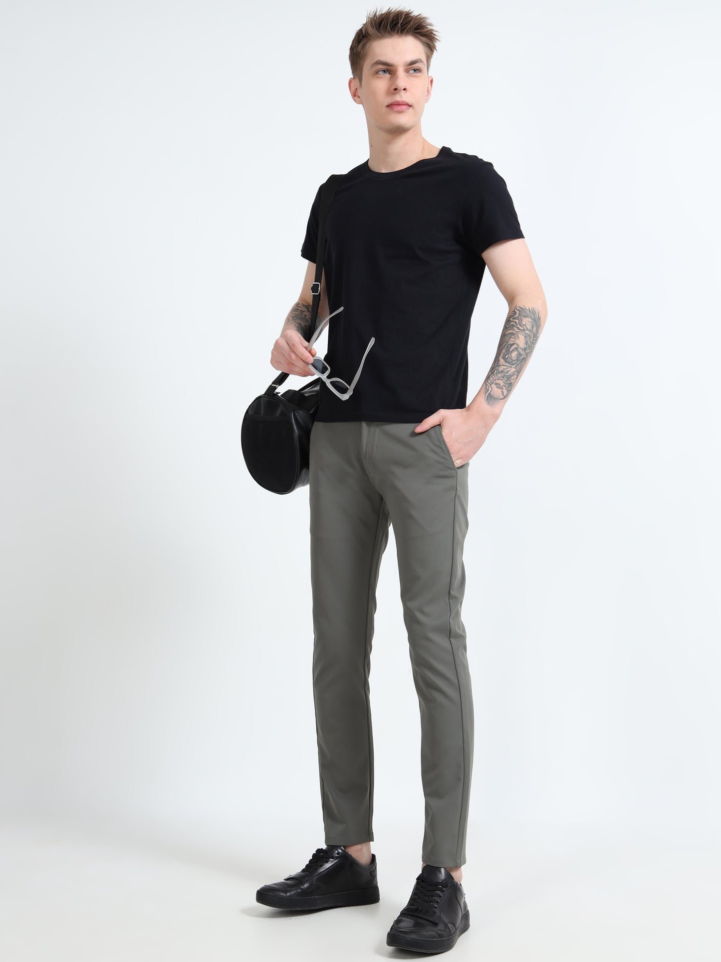 Mens Light Olive Printed Casual Trousers