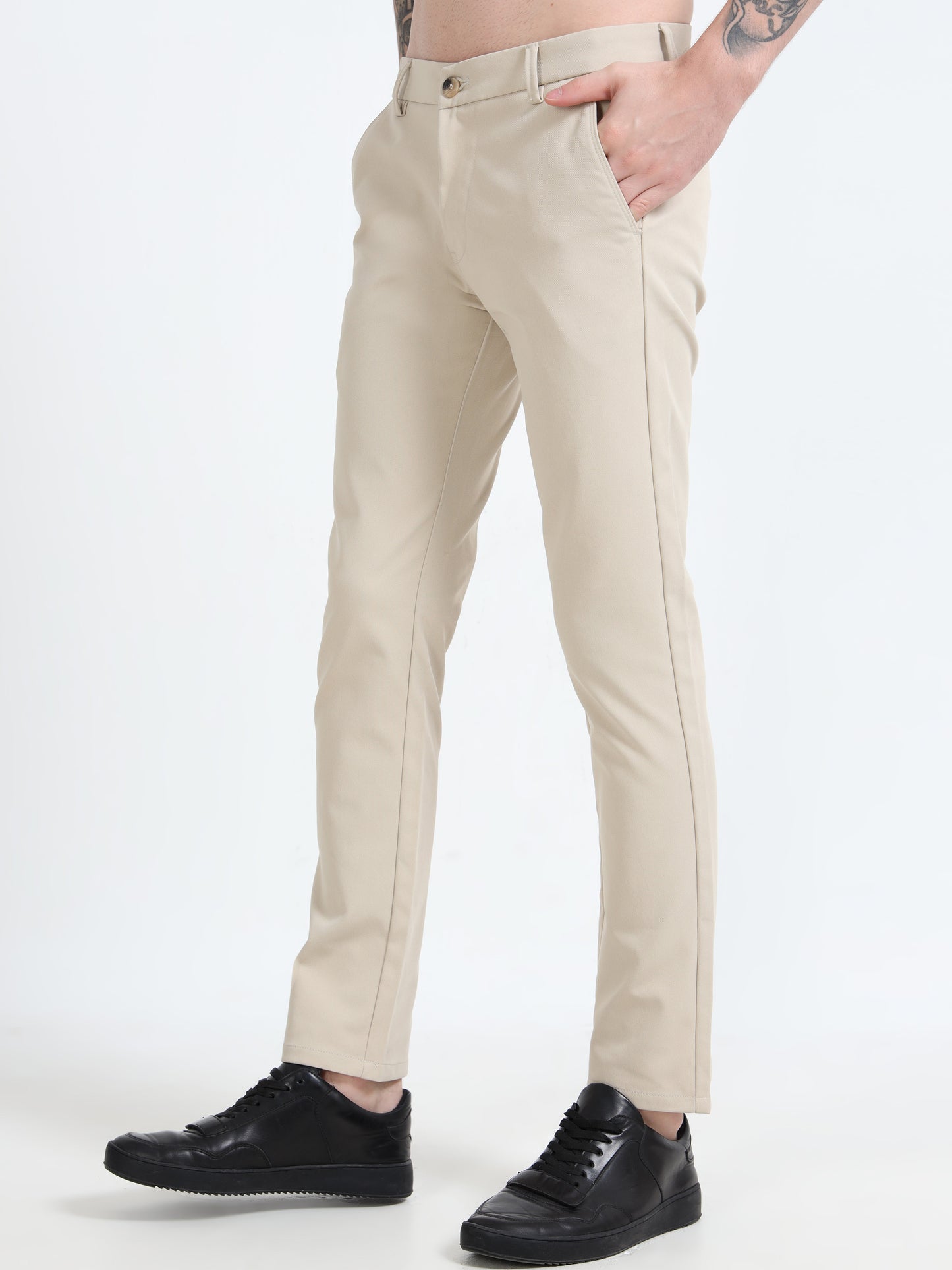 Men Cream Lycra Plain Casual Trouser