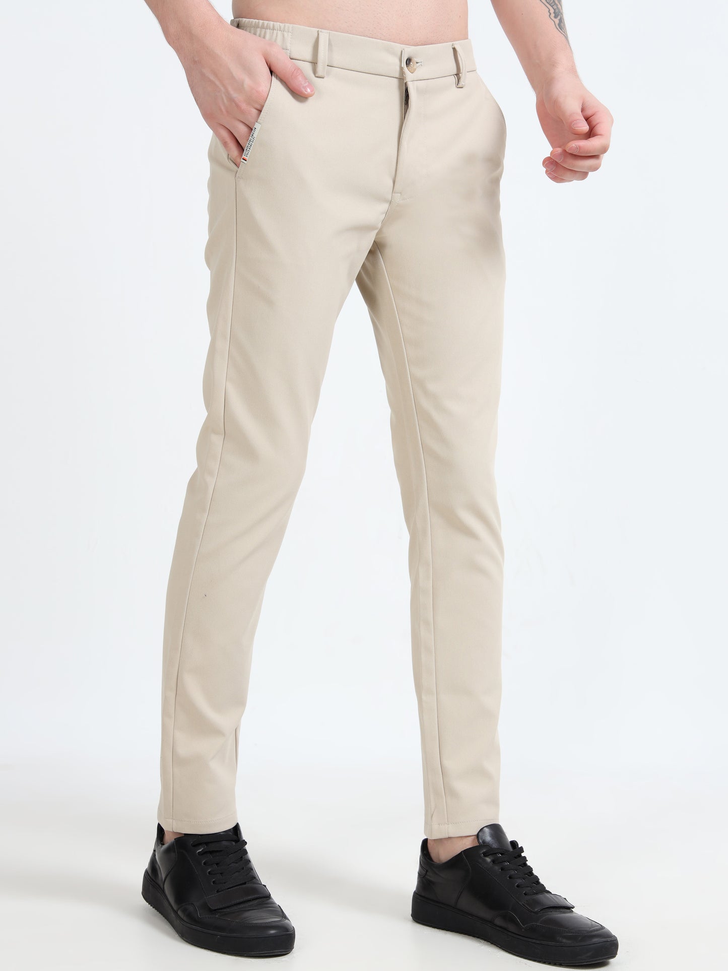Men Cream Lycra Plain Casual Trouser