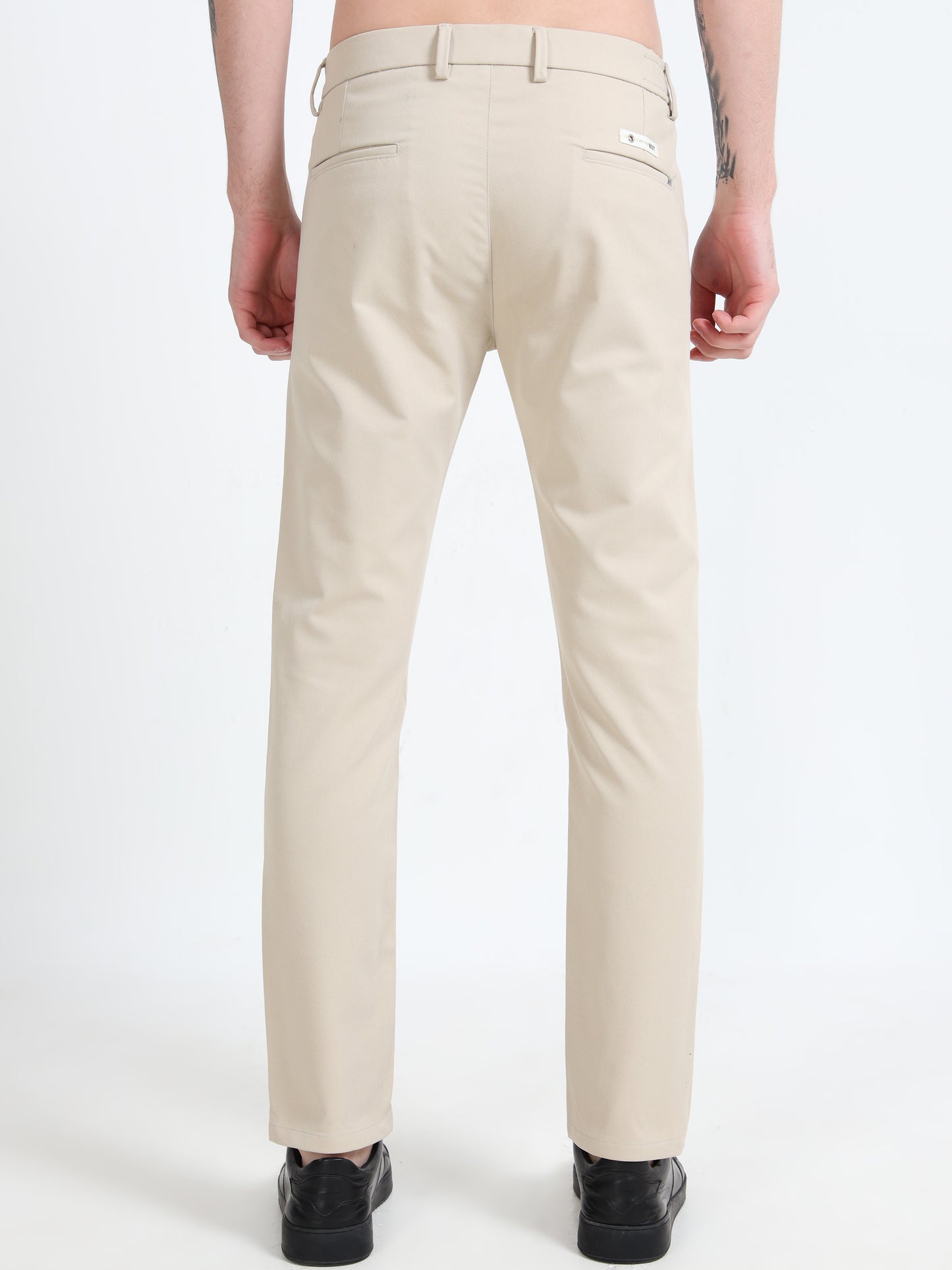 Men Cream Lycra Plain Casual Trouser