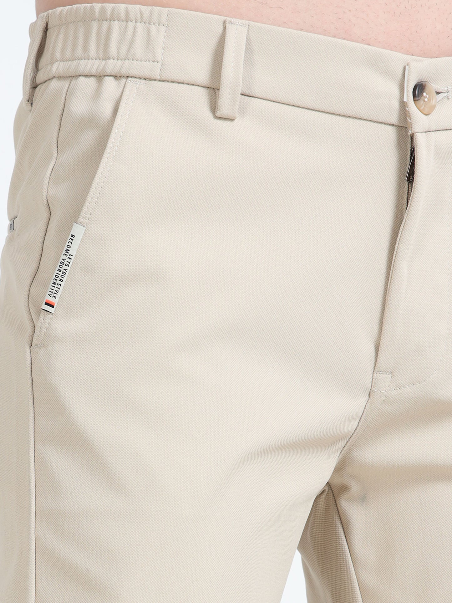 Men Cream Lycra Plain Casual Trouser