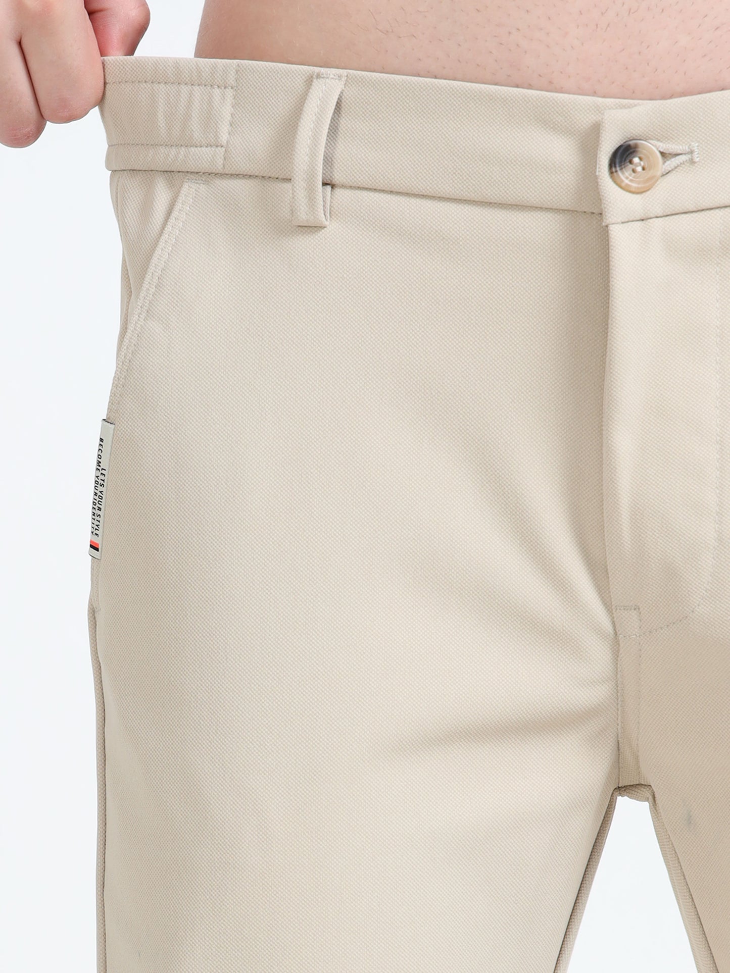 Men Cream Lycra Plain Casual Trouser