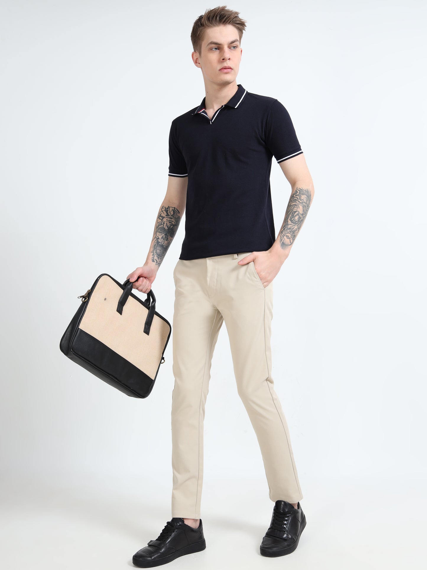 Men Cream Lycra Plain Casual Trouser