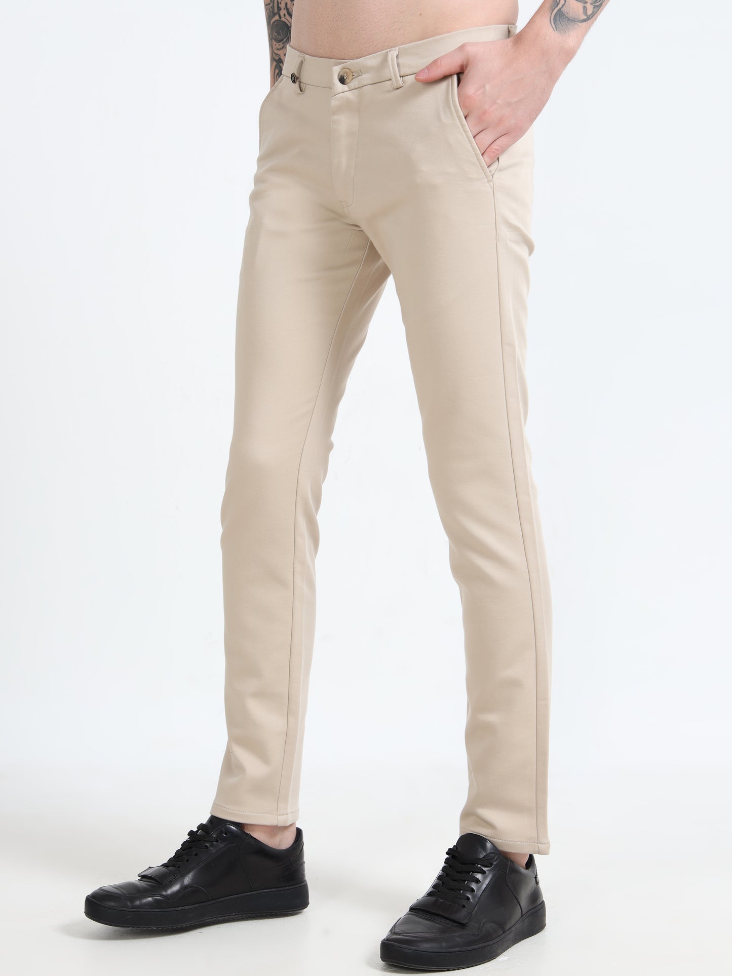 Men Cream Lycra Plain Casual Trouser