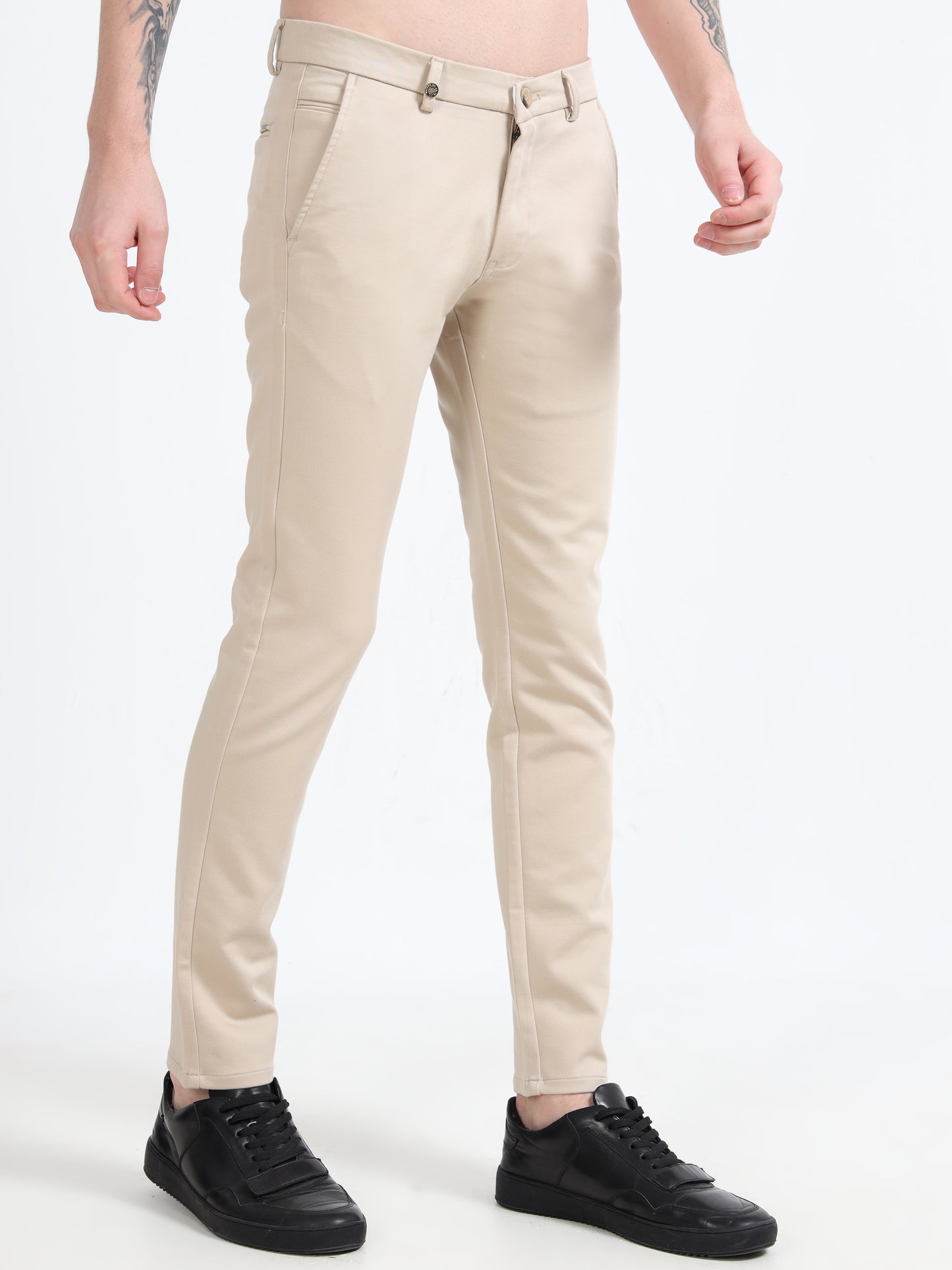 Men Cream Lycra Plain Casual Trouser