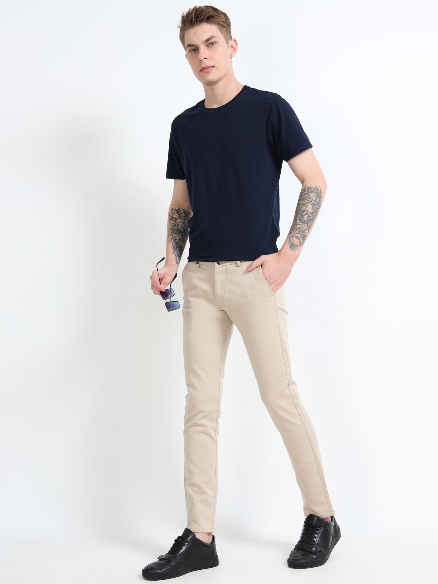 Men Cream Lycra Plain Casual Trouser