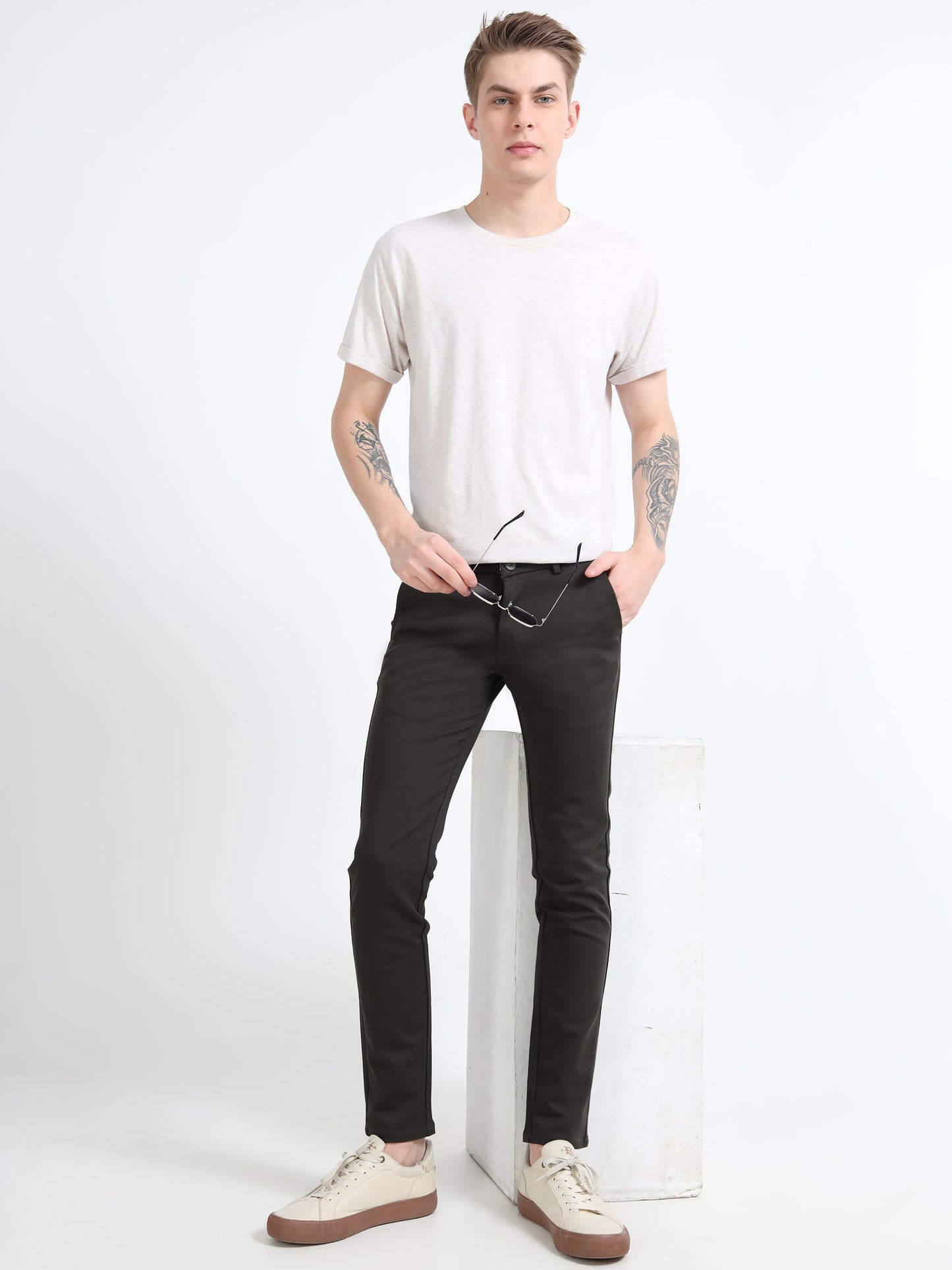 Men Black Cotton Dobby Casual Trouser