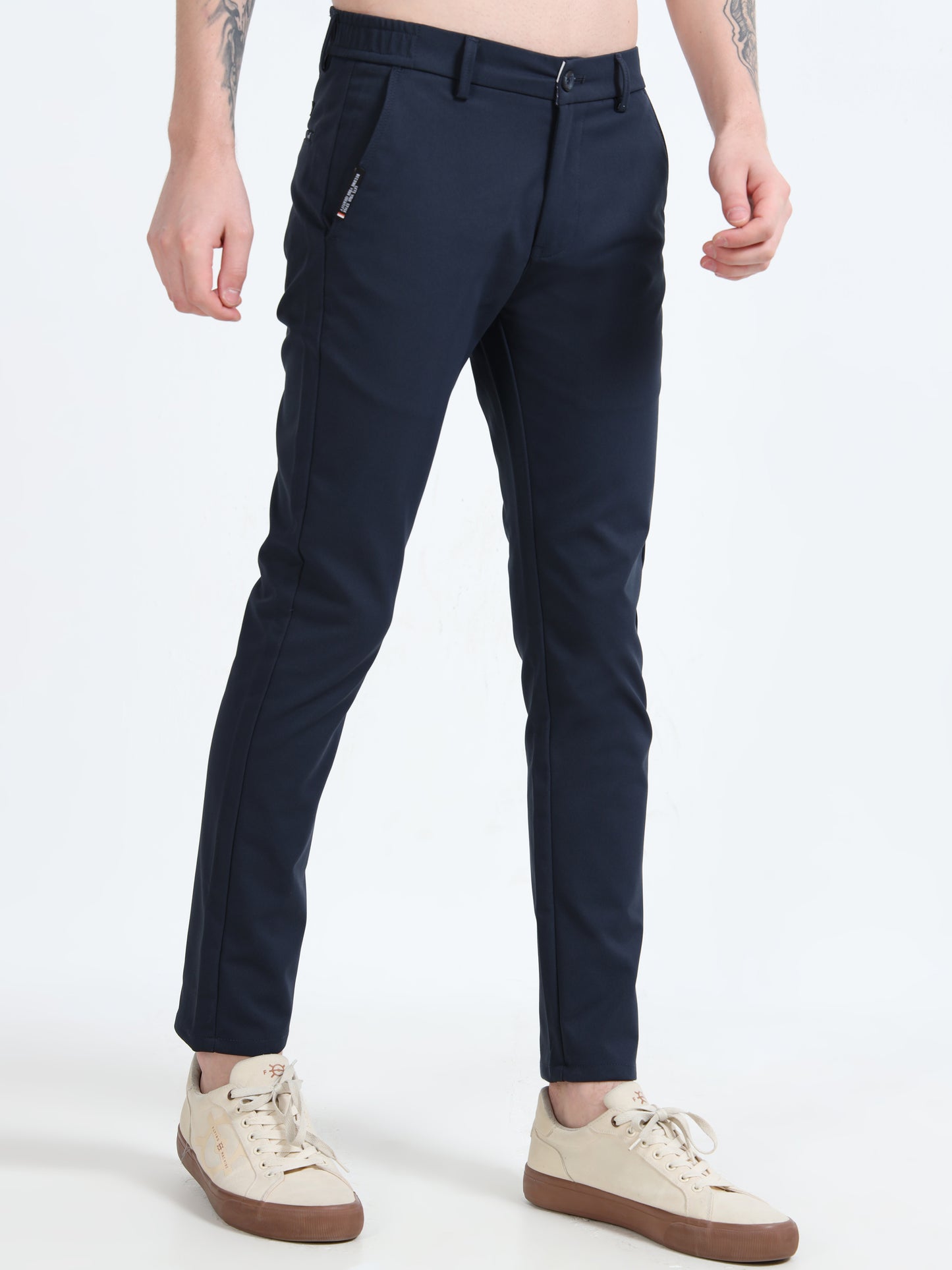 Mens Navy Cotton Blend Solid Causal Trousers