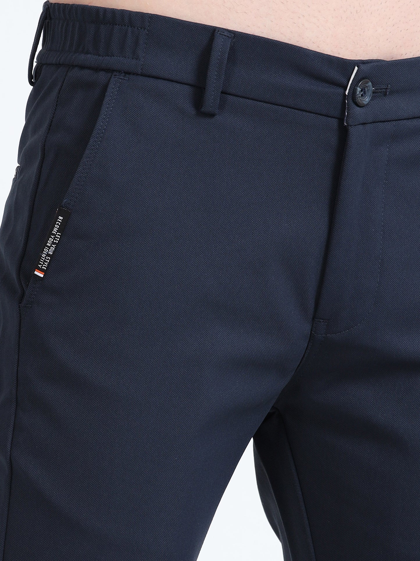 Mens Navy Cotton Blend Solid Causal Trousers