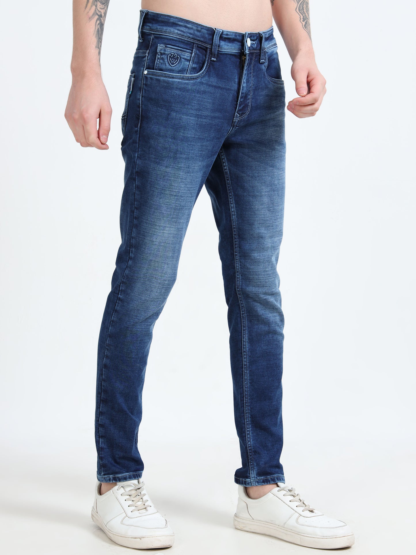 Men Ankle Fit Washed Indigo Blue Jeans
