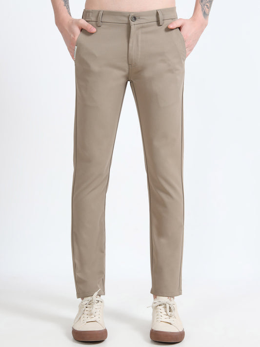 Men Beige Ankle Fit Dobby Cotton Casual Trousers