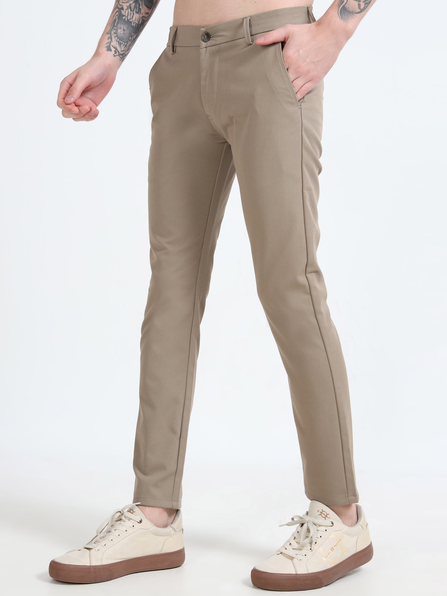 Men Beige Ankle Fit Dobby Cotton Casual Trousers