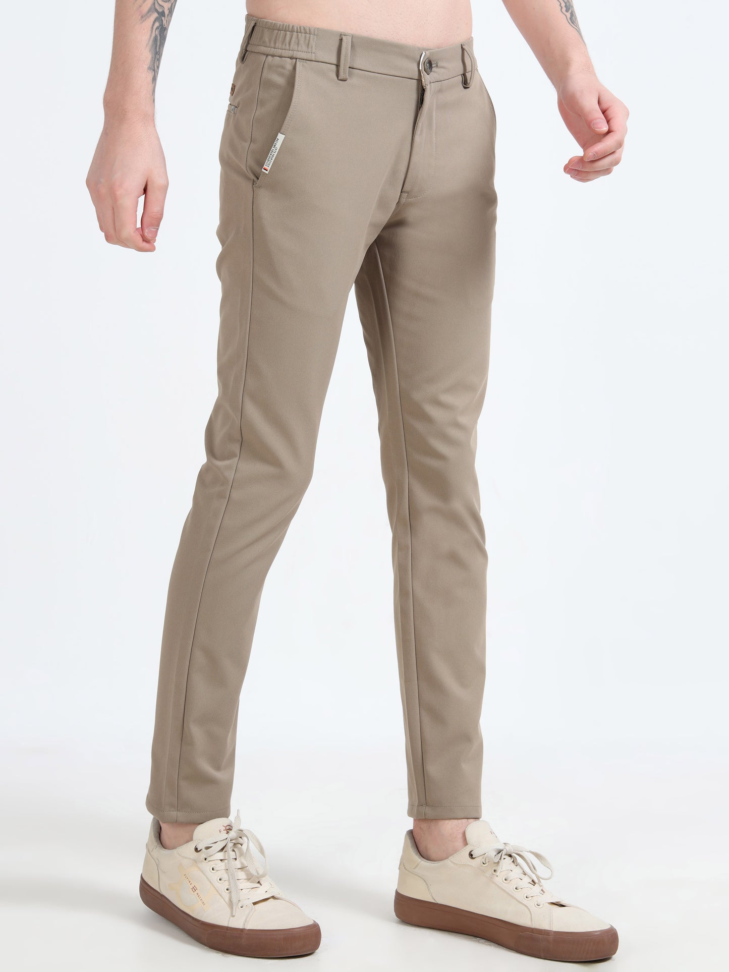 Men Beige Ankle Fit Dobby Cotton Casual Trousers