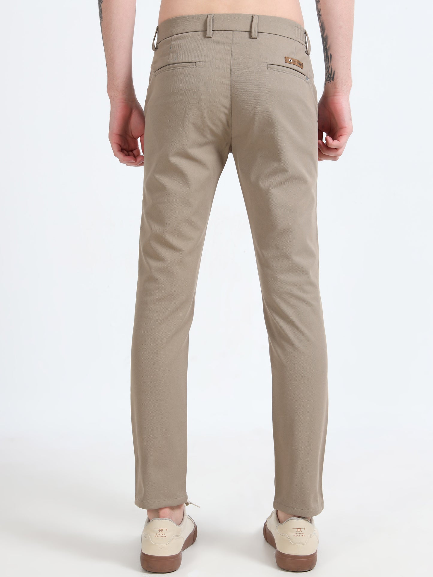 Men Beige Ankle Fit Dobby Cotton Casual Trousers