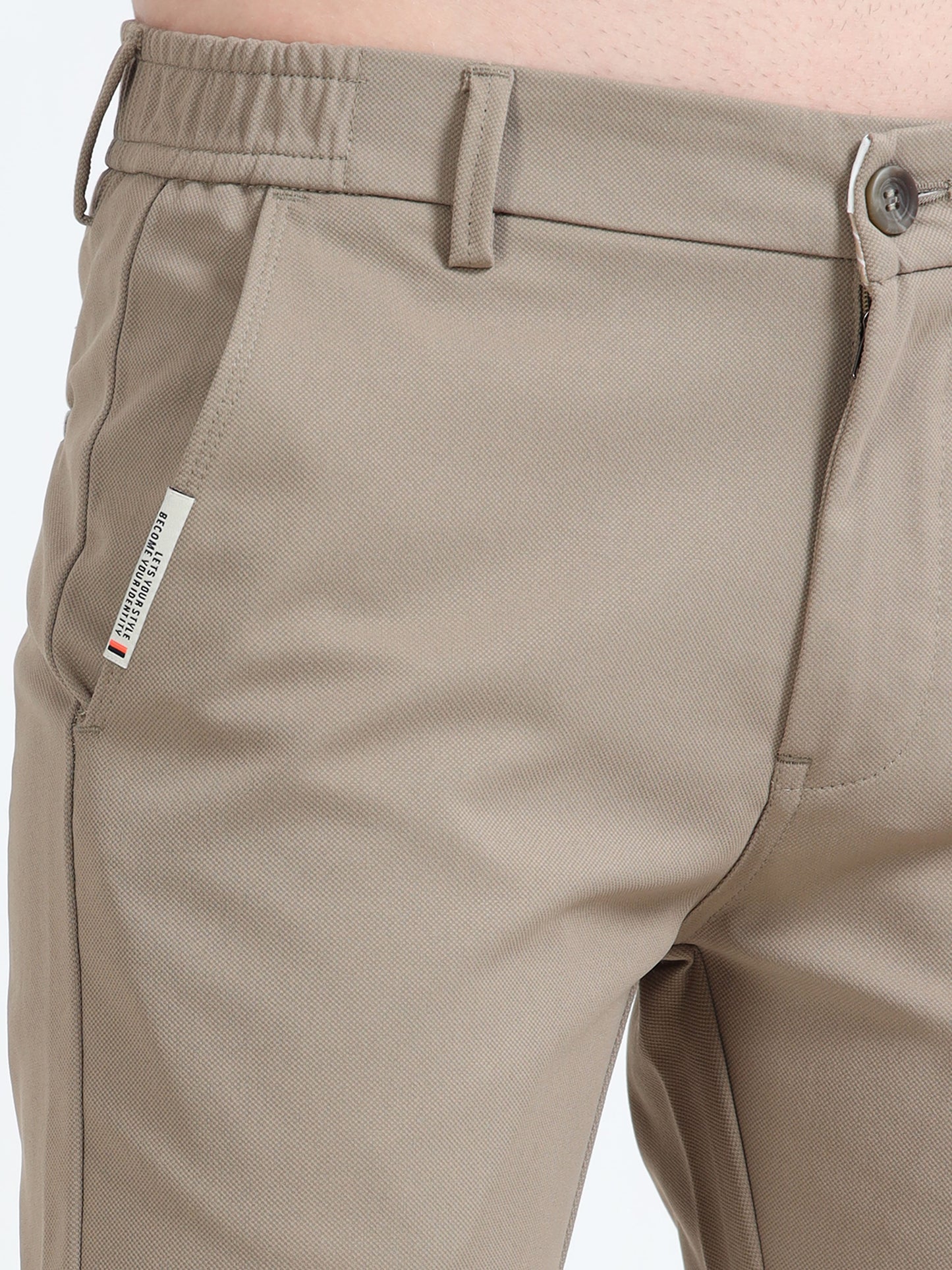 Men Beige Ankle Fit Dobby Cotton Casual Trousers