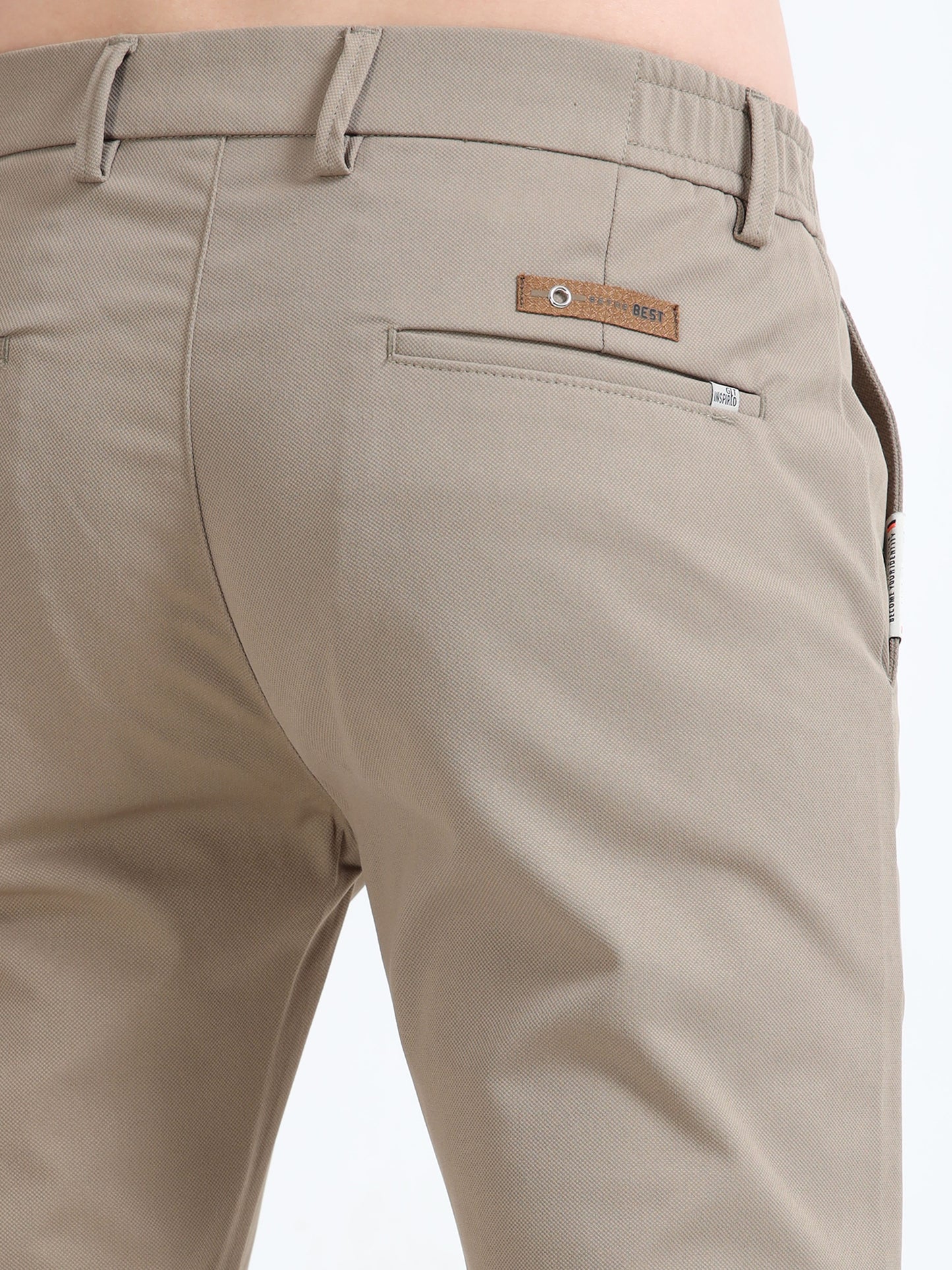 Men Beige Ankle Fit Dobby Cotton Casual Trousers