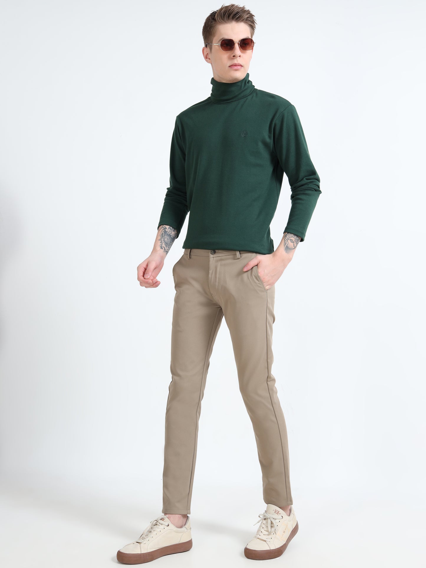 Men Beige Ankle Fit Dobby Cotton Casual Trousers