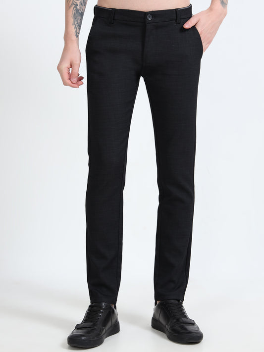 Men's Black Narrow Fit Printed Lycra Casual Trouser
