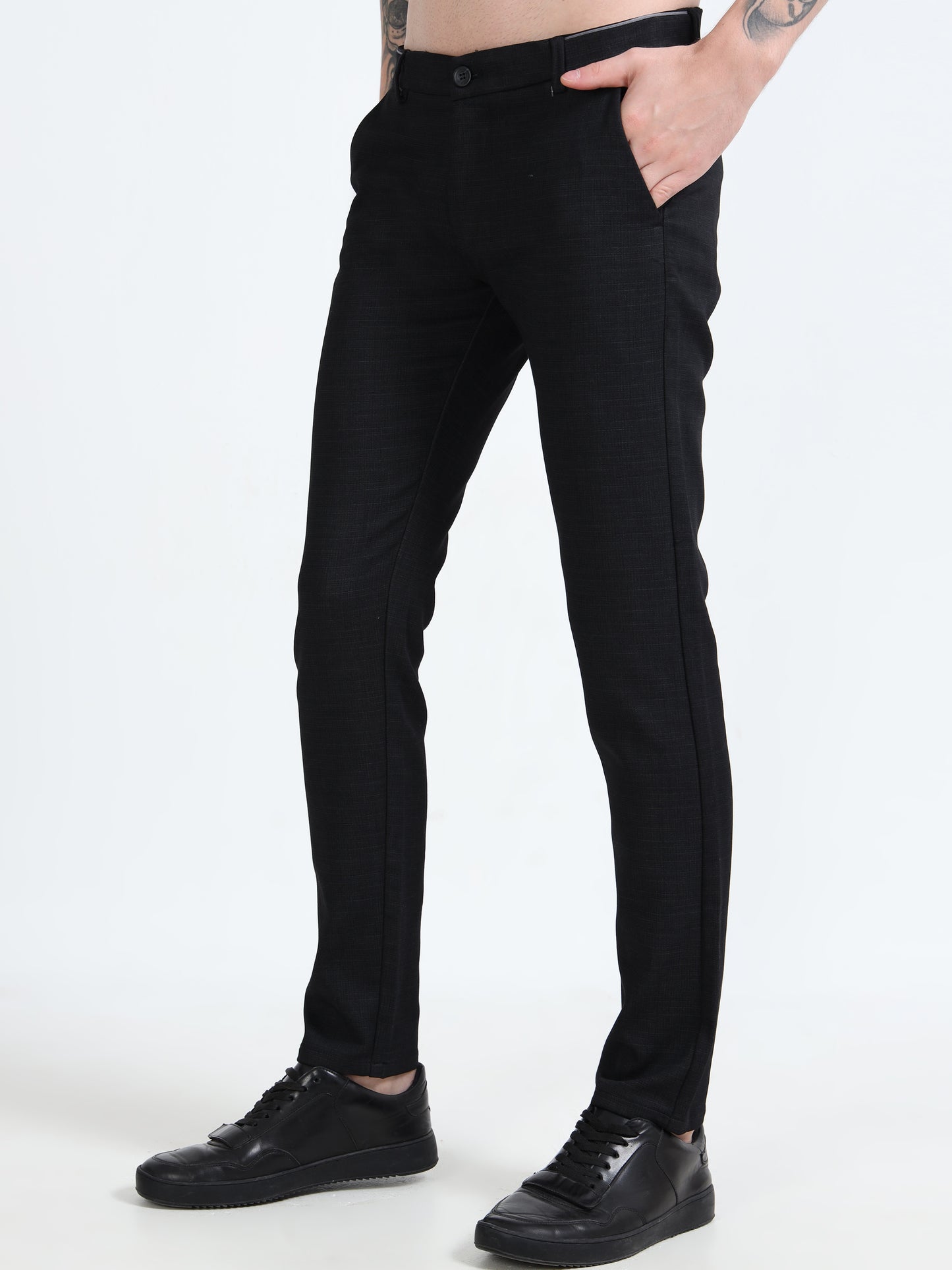 Men's Black Narrow Fit Printed Lycra Casual Trouser