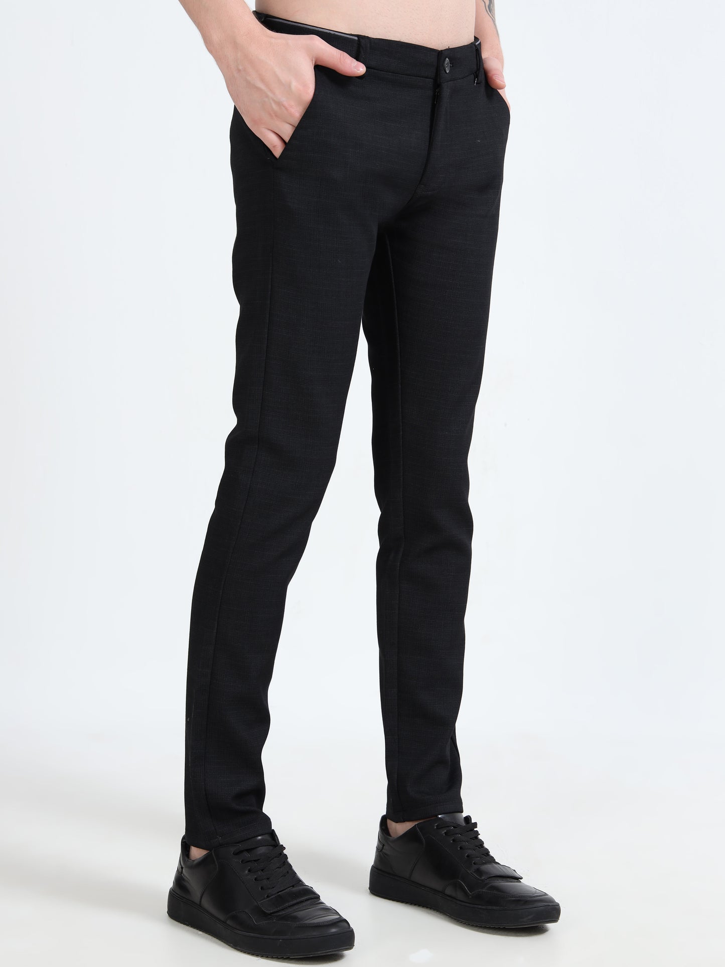 Men's Black Narrow Fit Printed Lycra Casual Trouser