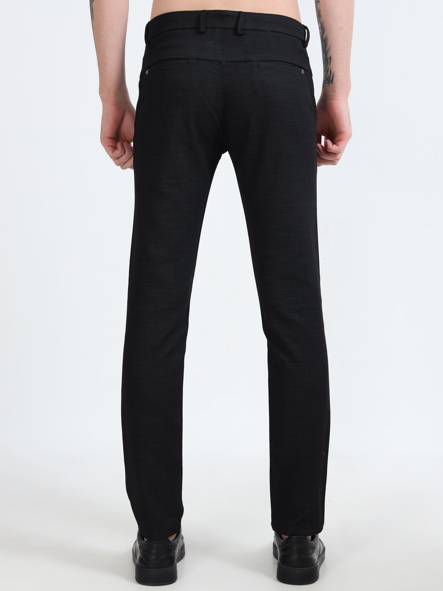 Men's Black Narrow Fit Printed Lycra Casual Trouser