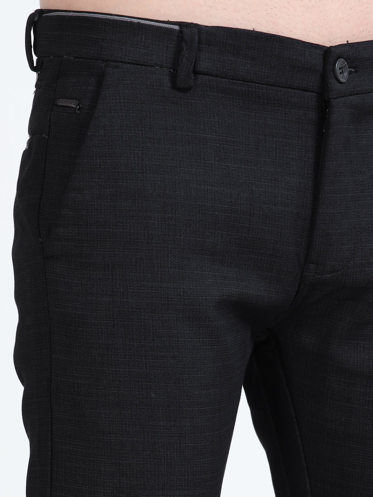 Men's Black Narrow Fit Printed Lycra Casual Trouser
