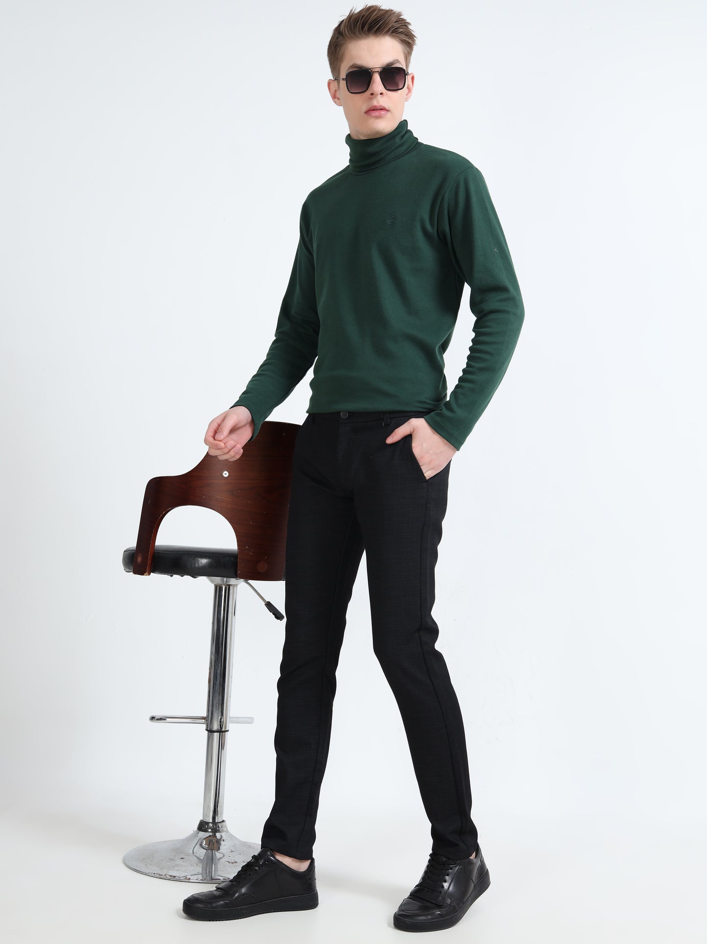Men's Black Narrow Fit Printed Lycra Casual Trouser