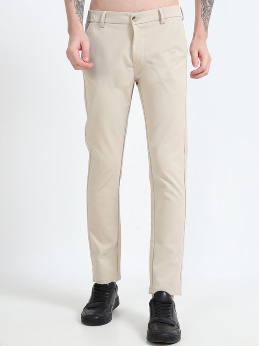 Men Cream Lycra Plain Casual Trouser