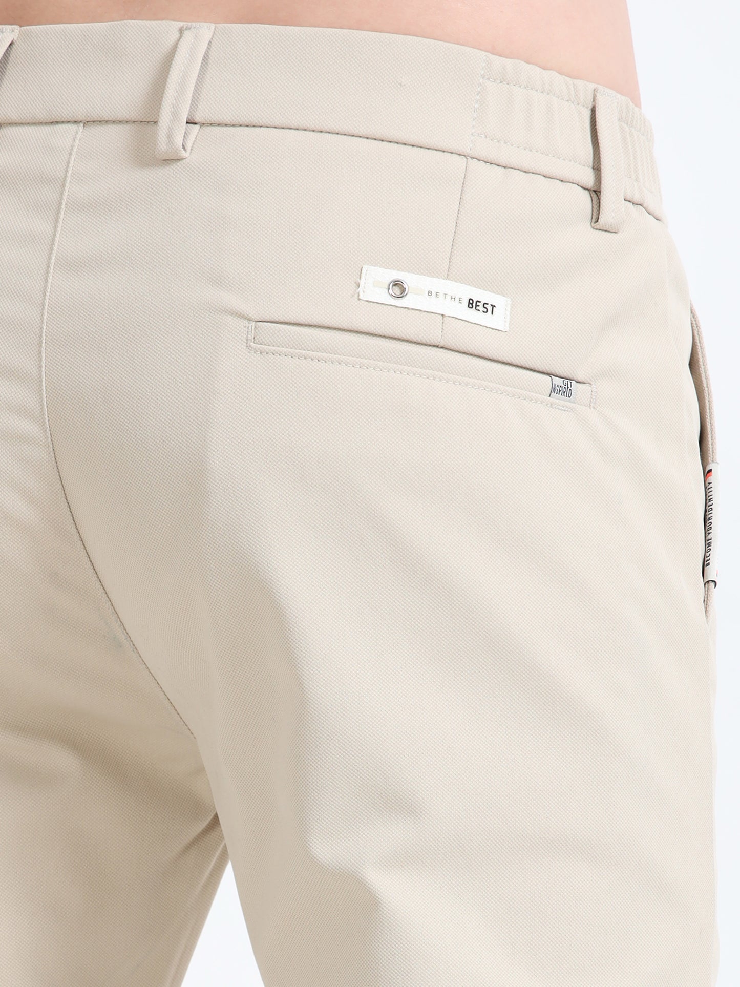 Men Cream Lycra Plain Casual Trouser
