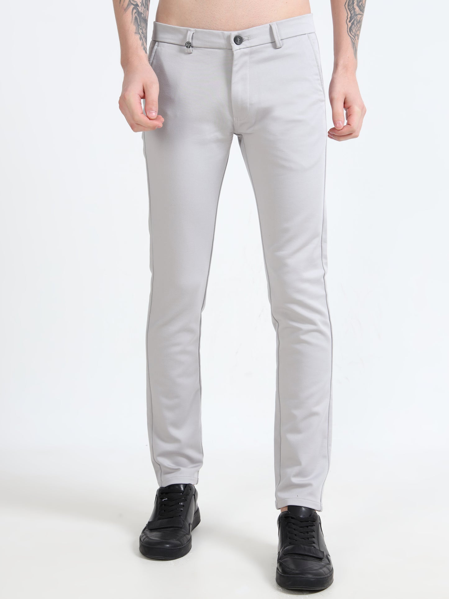 Men Grey Ankle Fit Solid 4 Way Lycra Casual Trousers