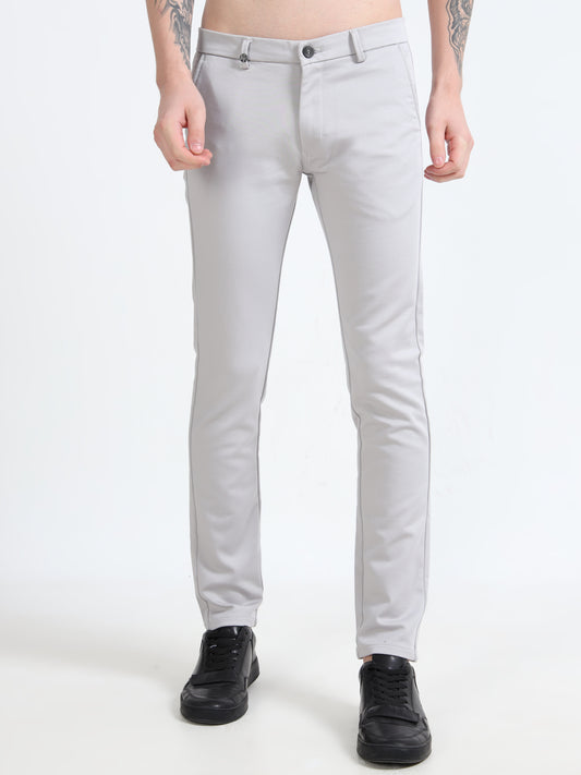 Men Grey Ankle Fit Solid 4 Way Lycra Casual Trousers