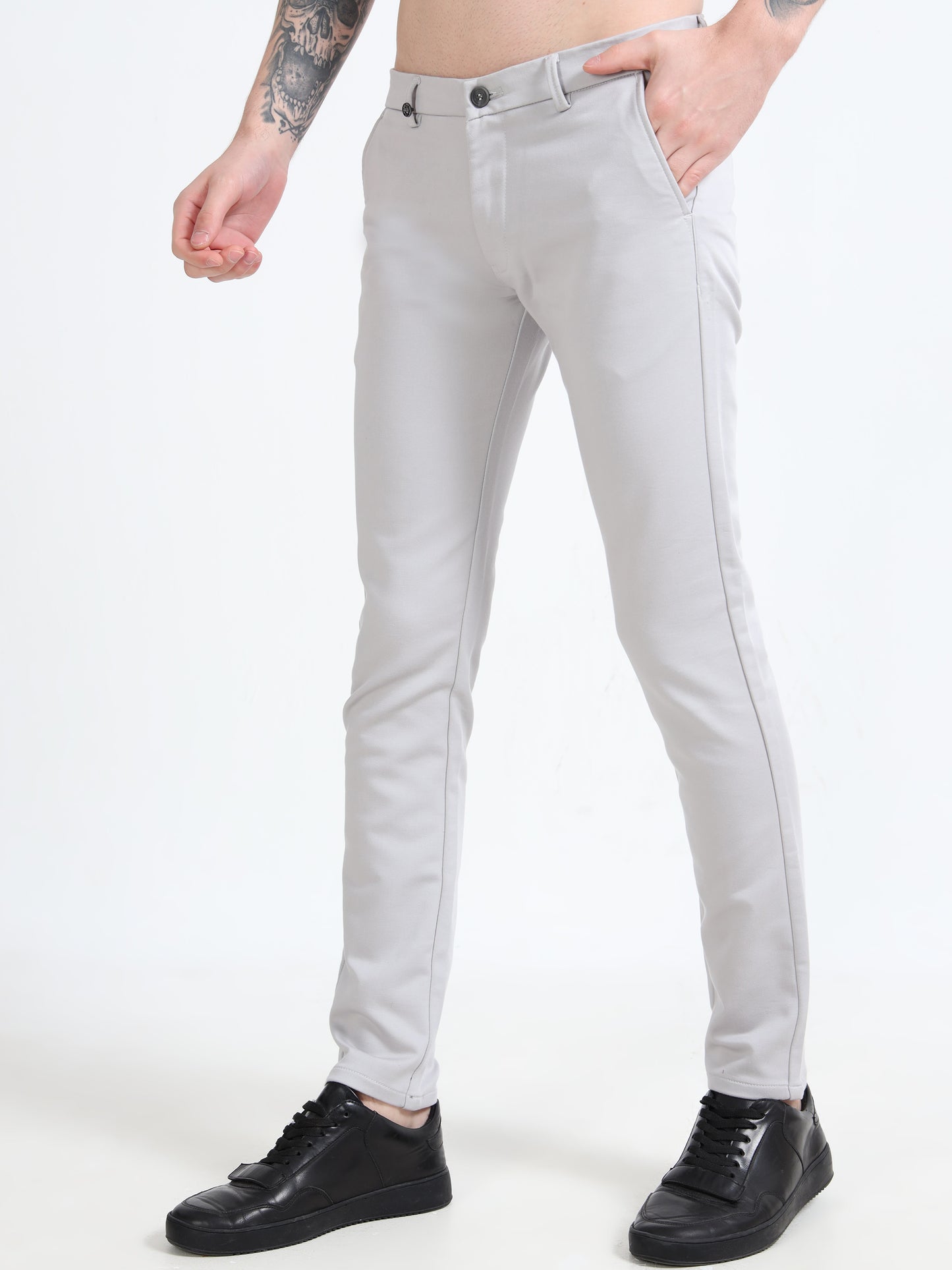Men Grey Ankle Fit Solid 4 Way Lycra Casual Trousers