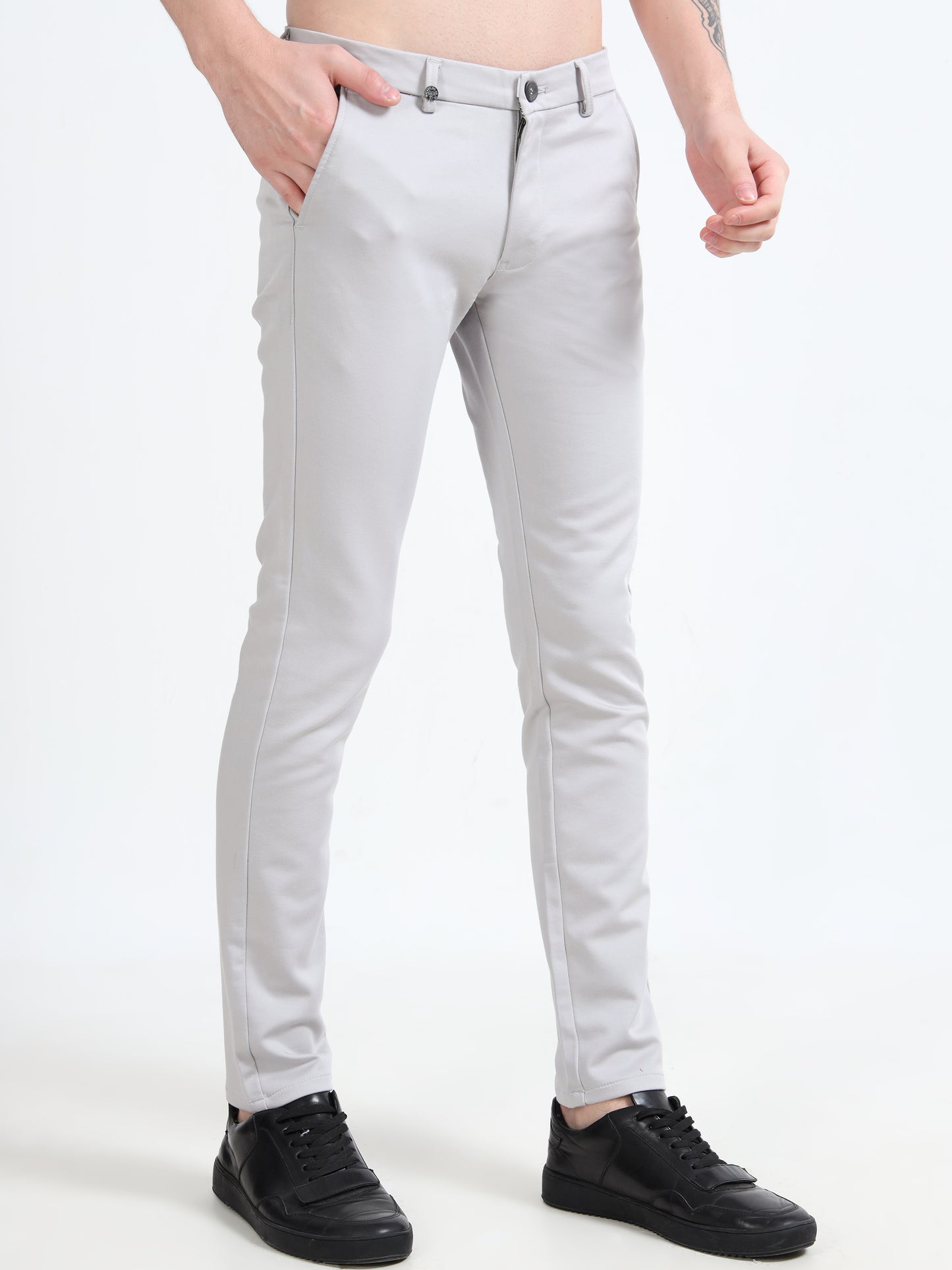 Men Grey Ankle Fit Solid 4 Way Lycra Casual Trousers