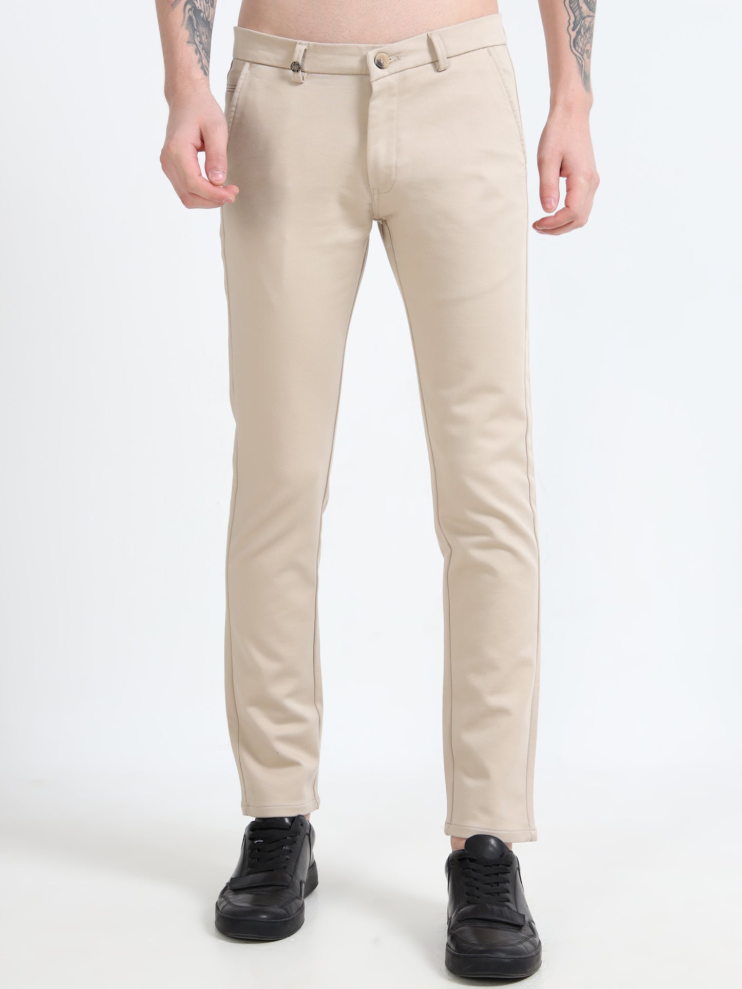 Men Cream Lycra Plain Casual Trouser