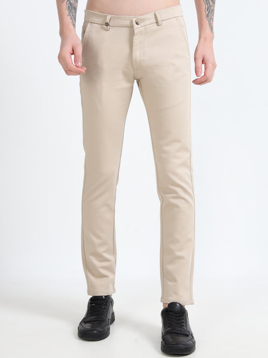 Men Cream Lycra Plain Casual Trouser