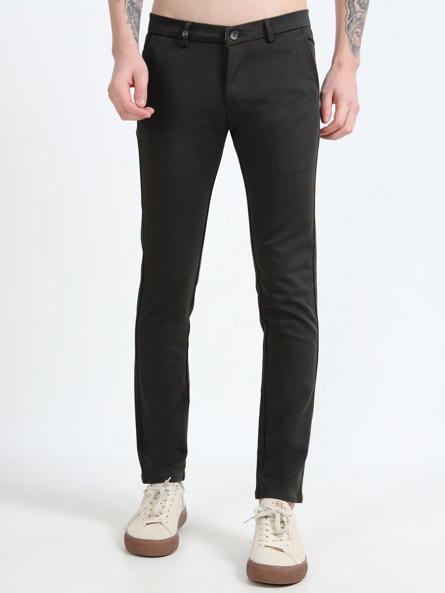 Men Black Cotton Dobby Casual Trouser