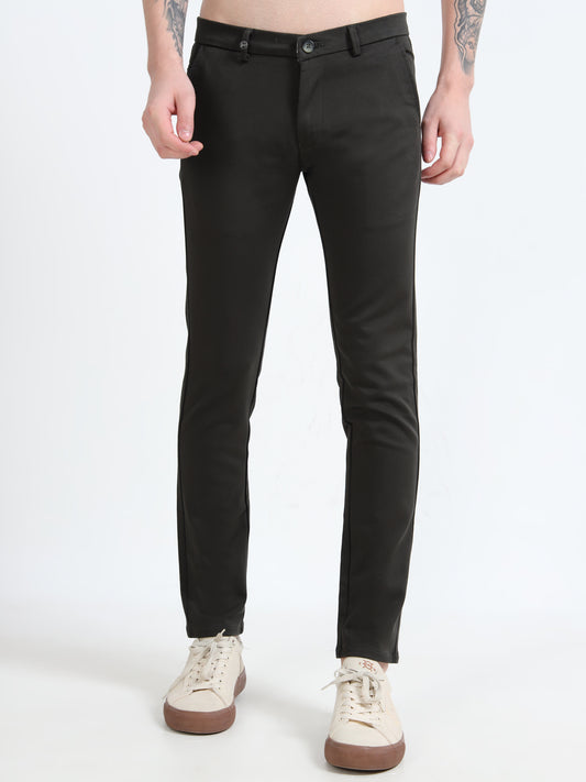 Men Black Cotton Dobby Casual Trouser