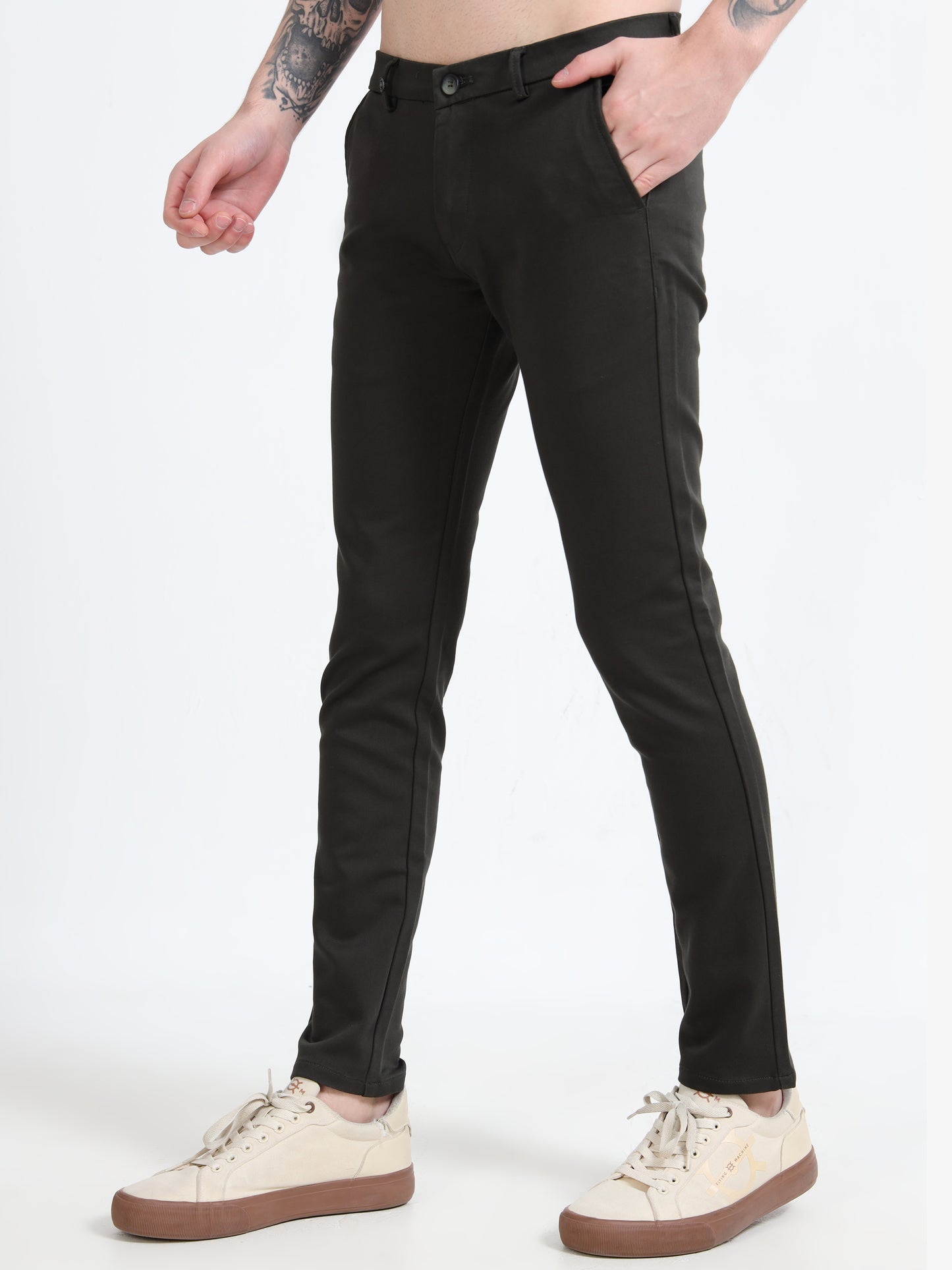 Men Black Cotton Dobby Casual Trouser