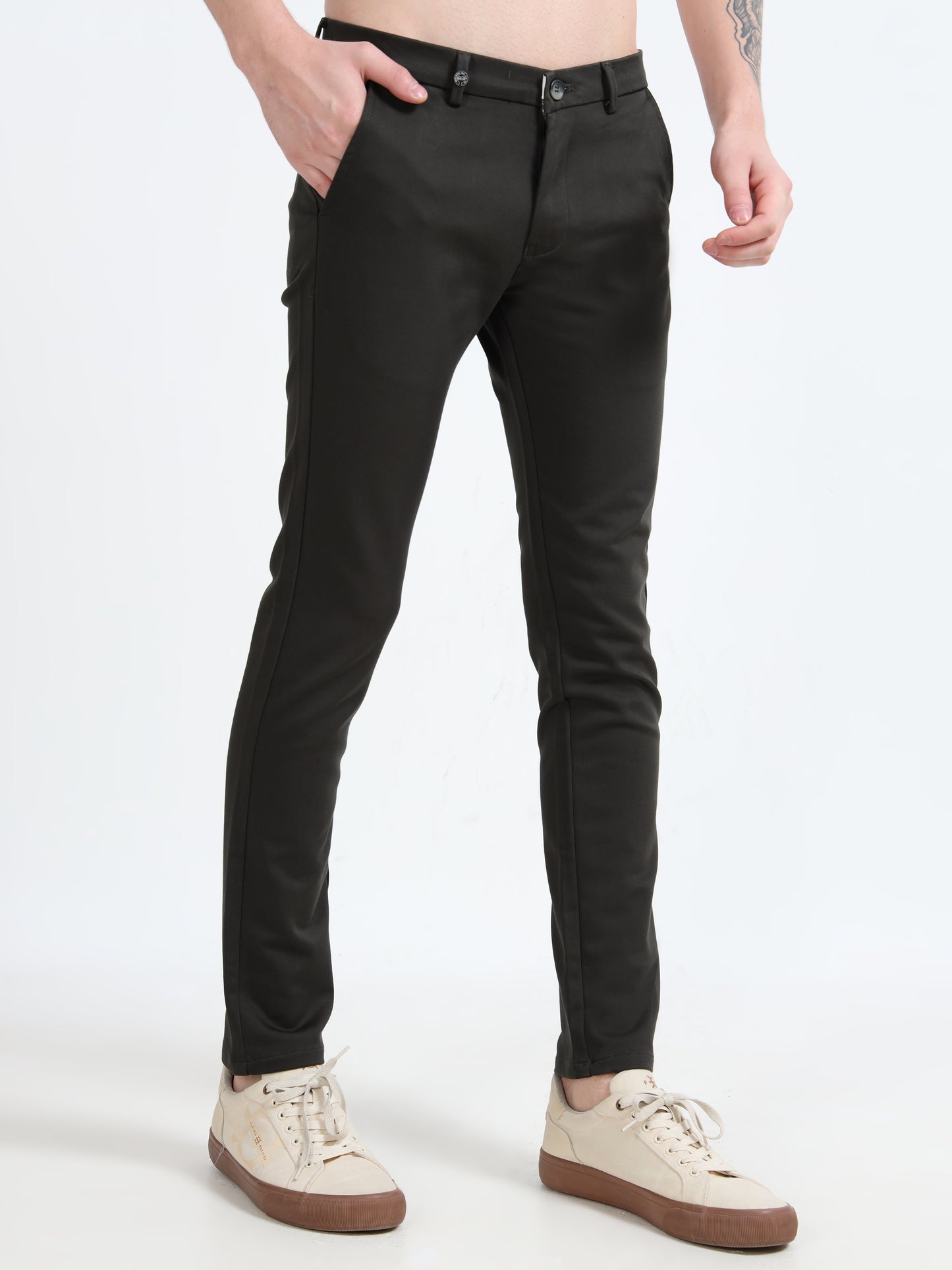 Men Black Cotton Dobby Casual Trouser