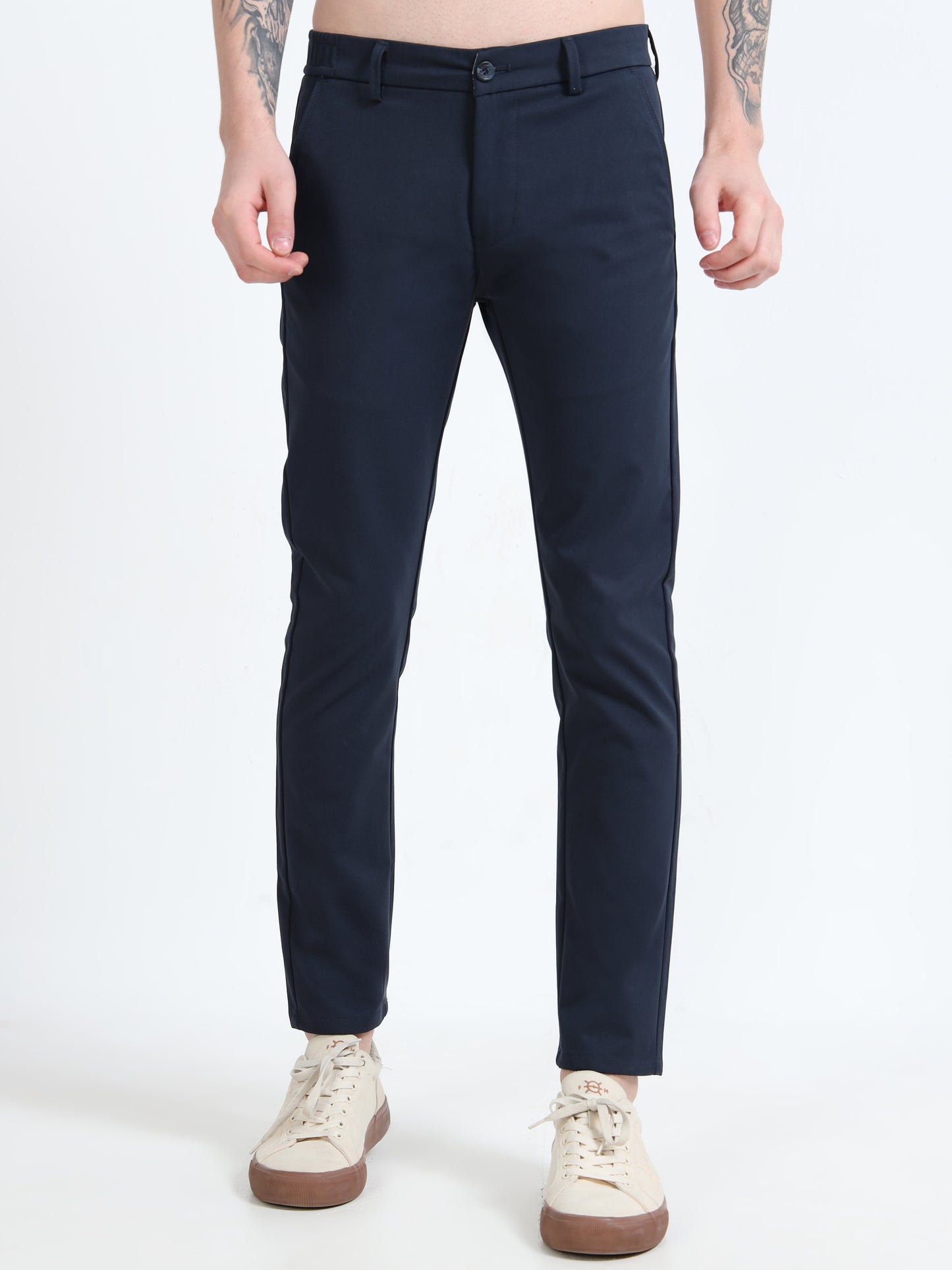 Mens Navy Cotton Blend Solid Causal Trousers