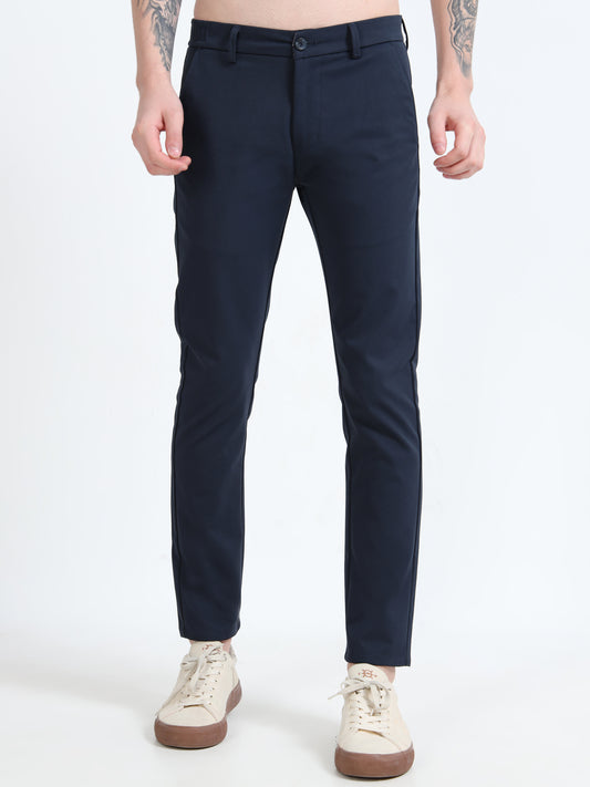 Mens Navy Cotton Blend Solid Causal Trousers
