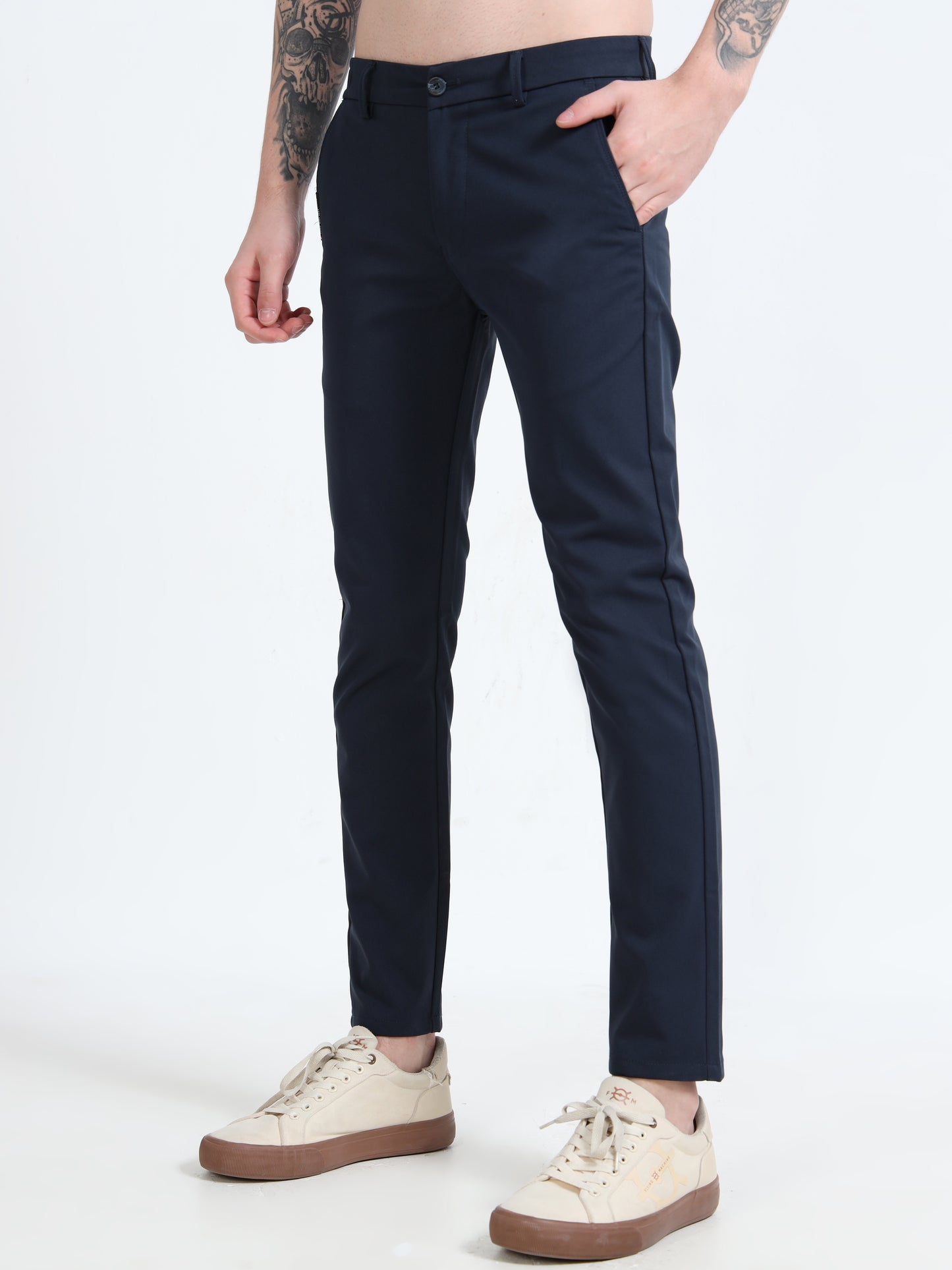 Mens Navy Cotton Blend Solid Causal Trousers