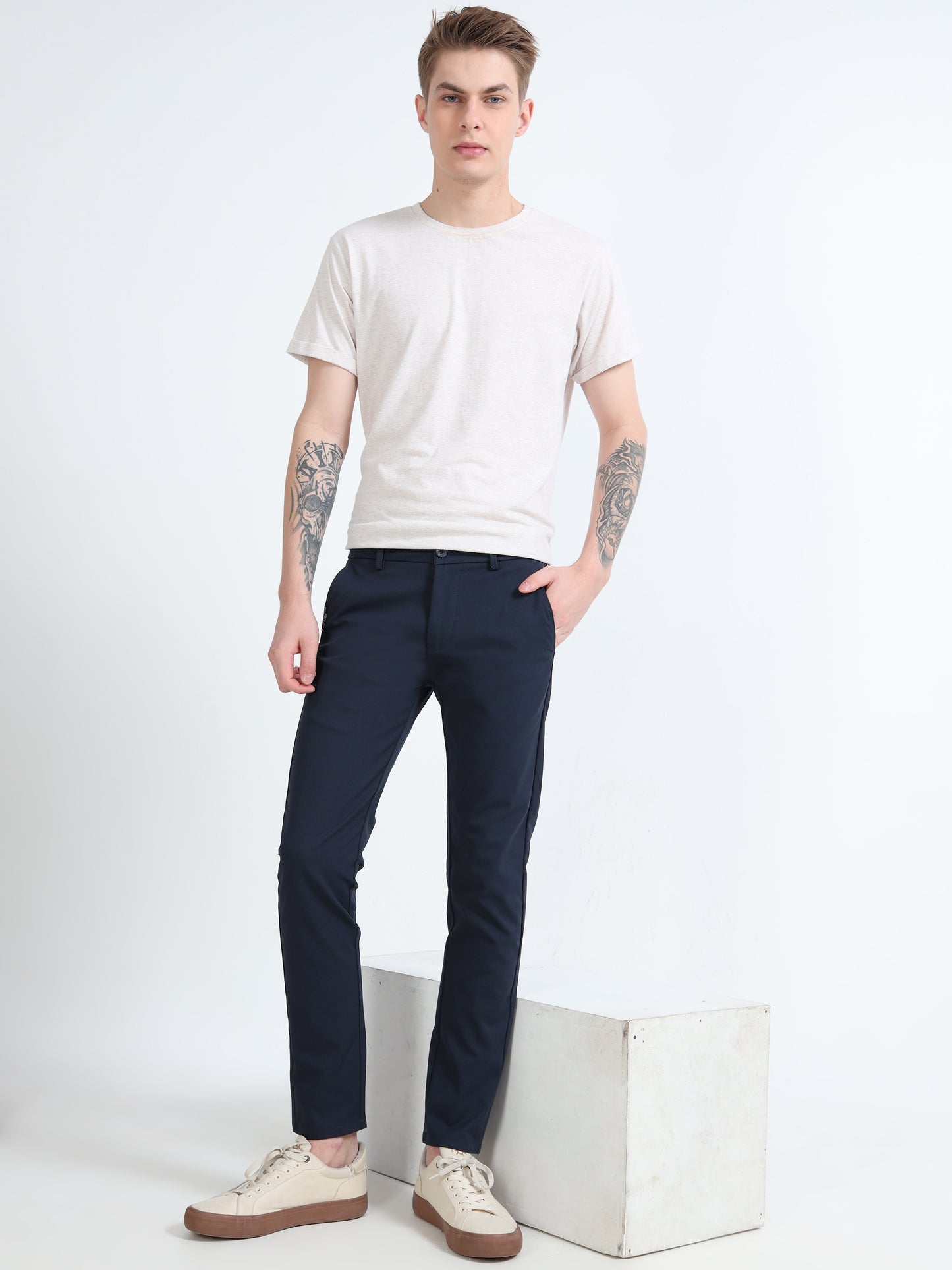 Mens Navy Cotton Blend Solid Causal Trousers