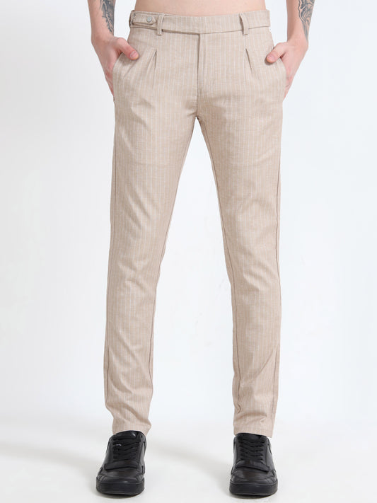 Mens Khaki Dobby Printed Casual Trouser