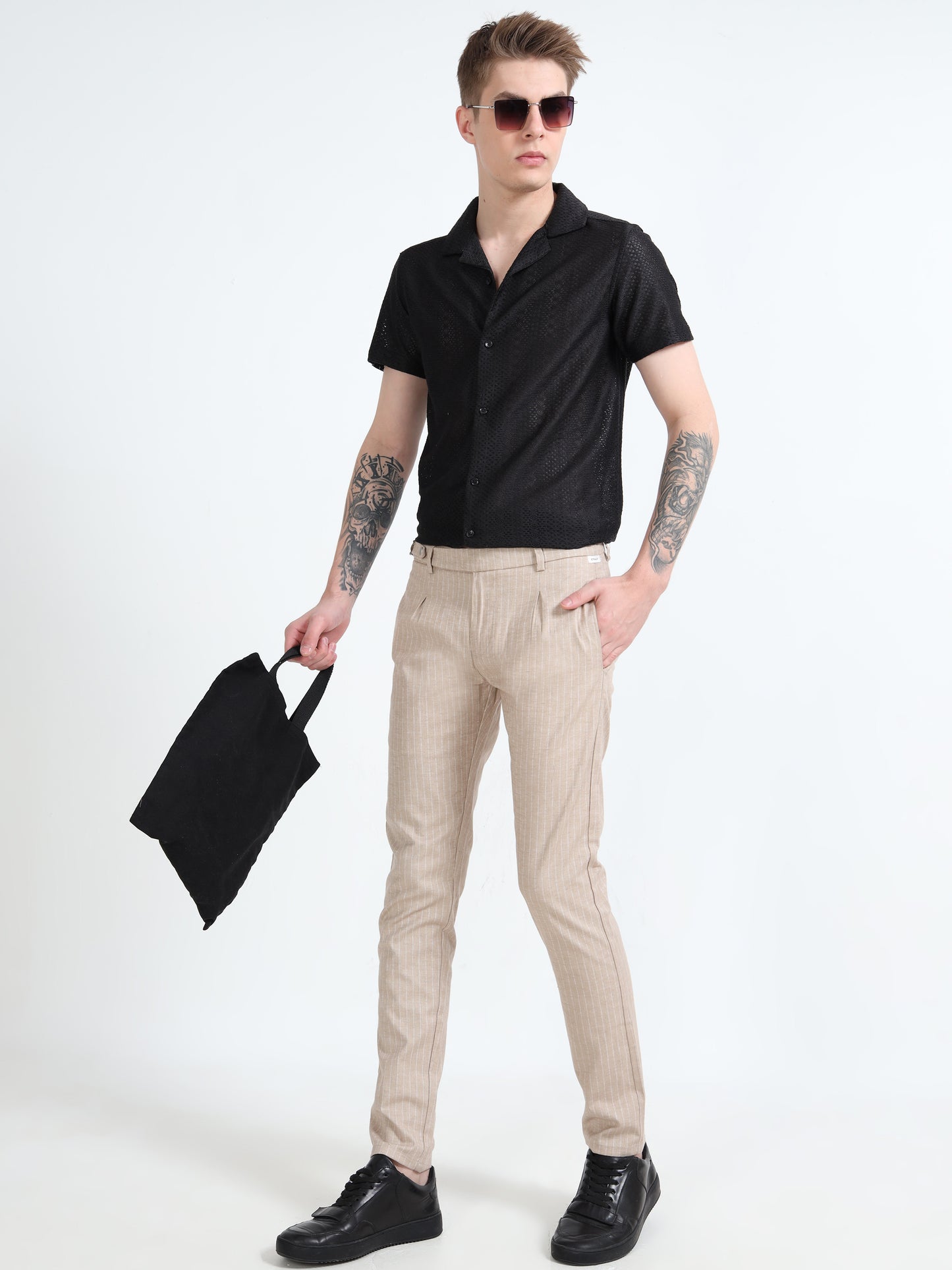Mens Khaki Dobby Printed Casual Trouser